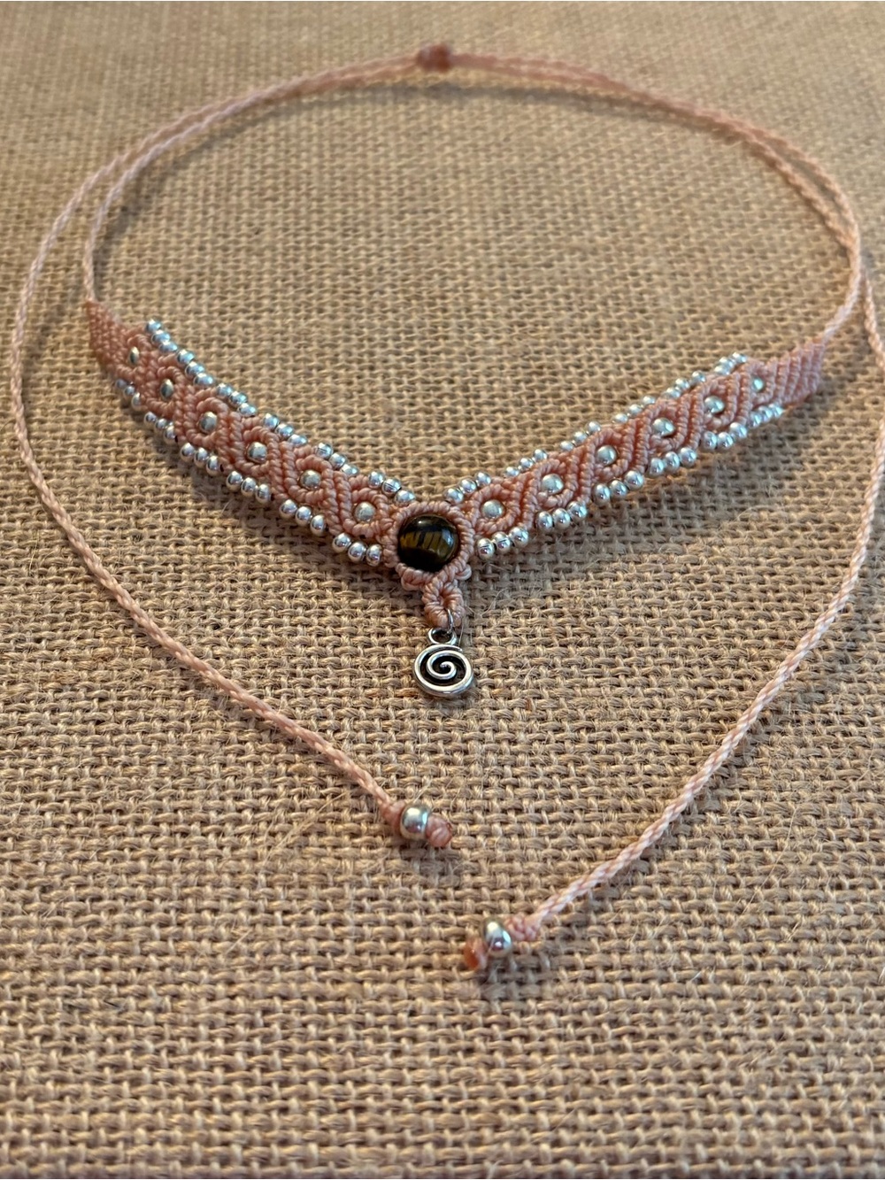 Handmade Cream Thread and Eye of the Tiger Beaded Macrame Choker Necklace